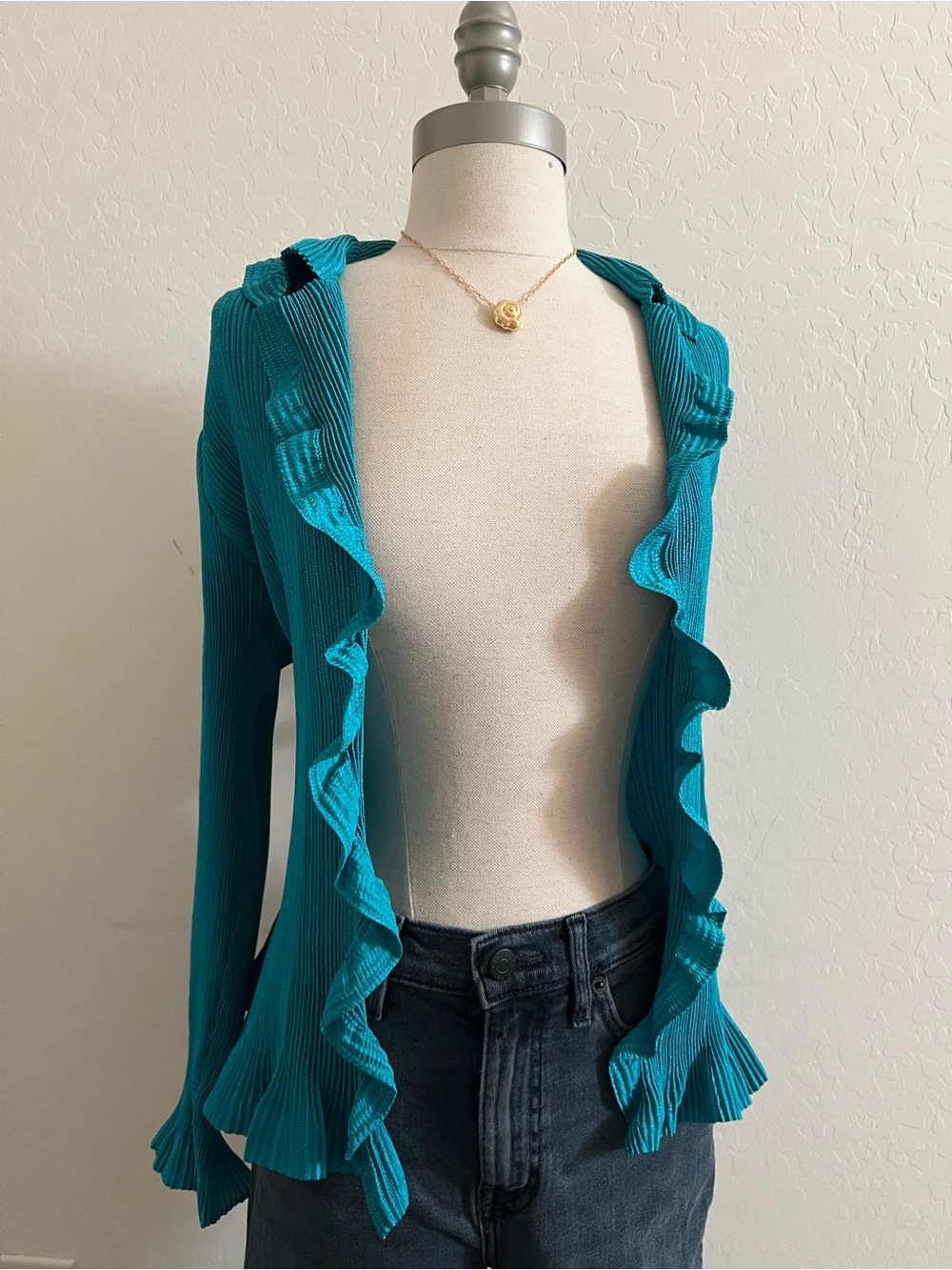 Chico's Teal Ruffled Ribbed Blouse - Picture 3 of 5